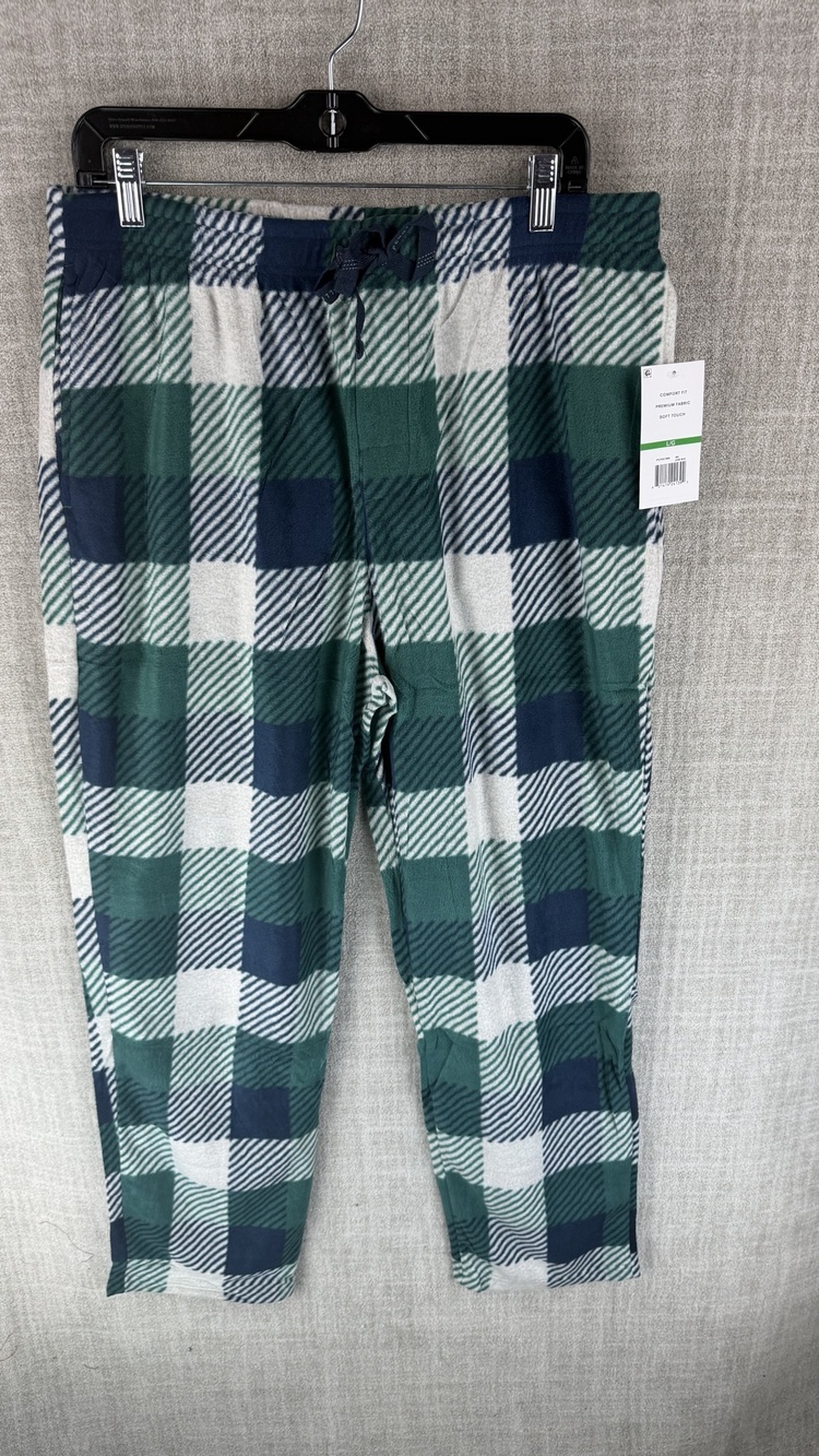 Perry Ellis Portfolio Pajama Pants Mens L Green Plaid Fleece Drawstring